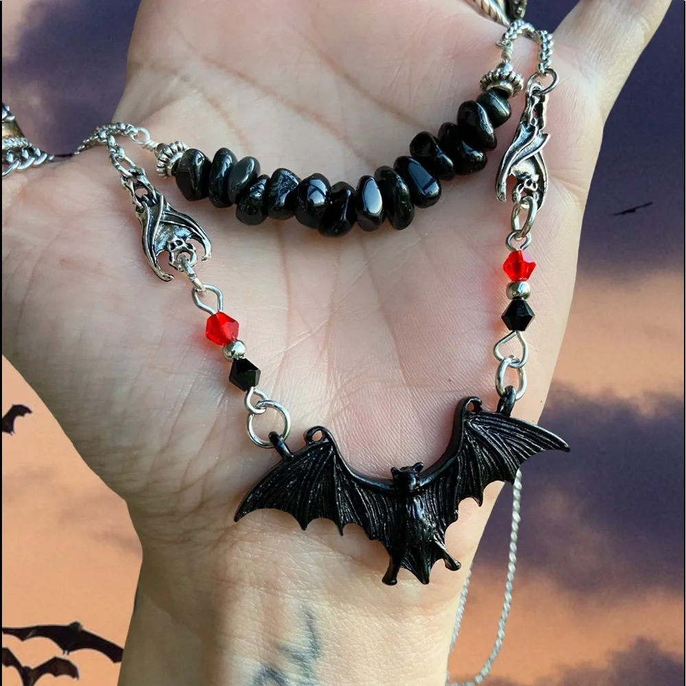 Bat choker necklace . Double layer onyx chips & bats charms . Handmade goth boho